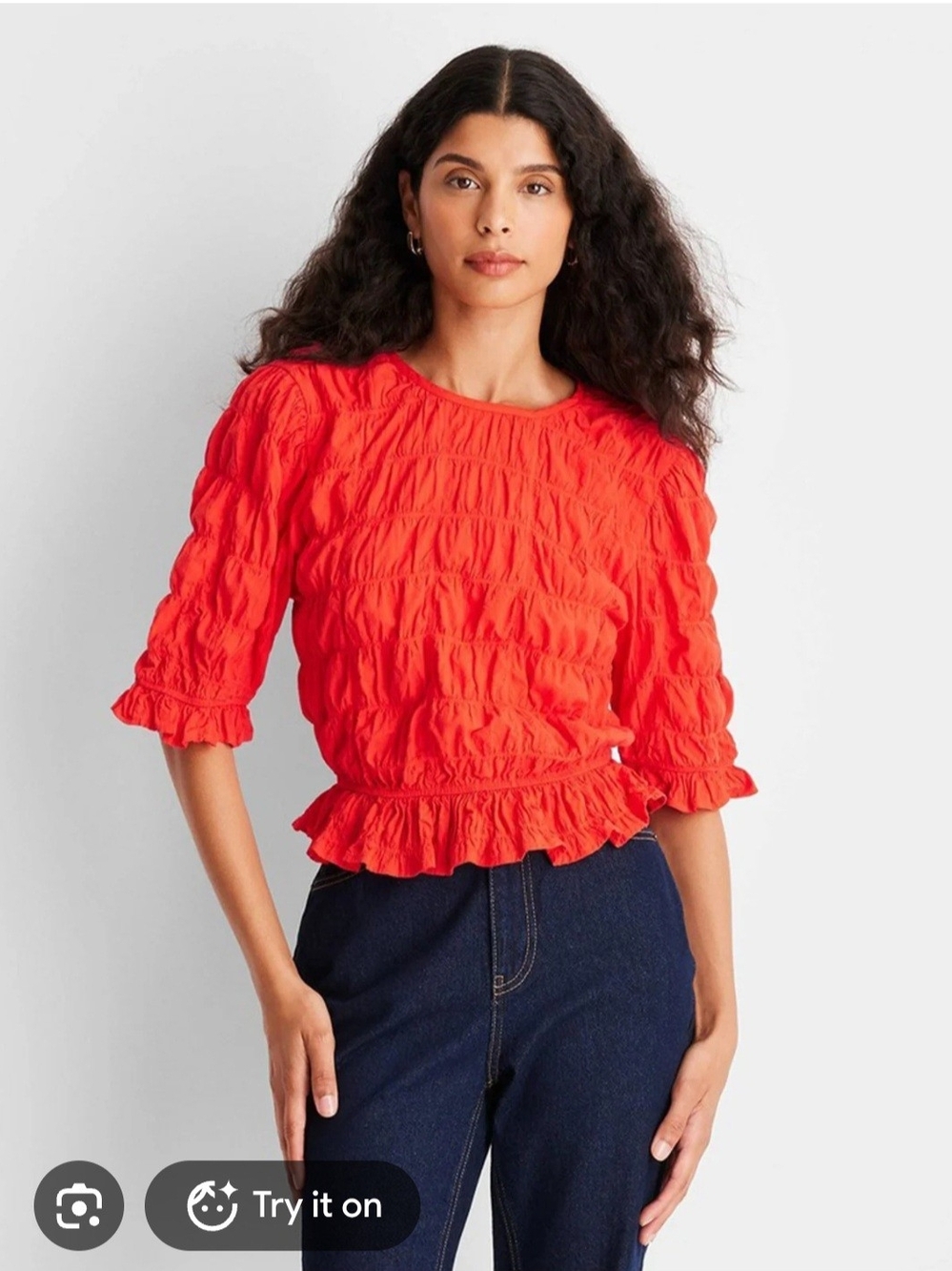 Future Collective Women's Cotton Red Ruffle Hem Smocked Peasant Top. Size Large